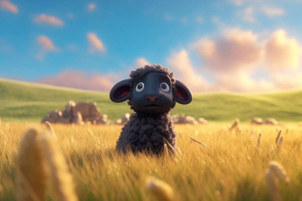A cartoon young sad black sheep alone in a field.