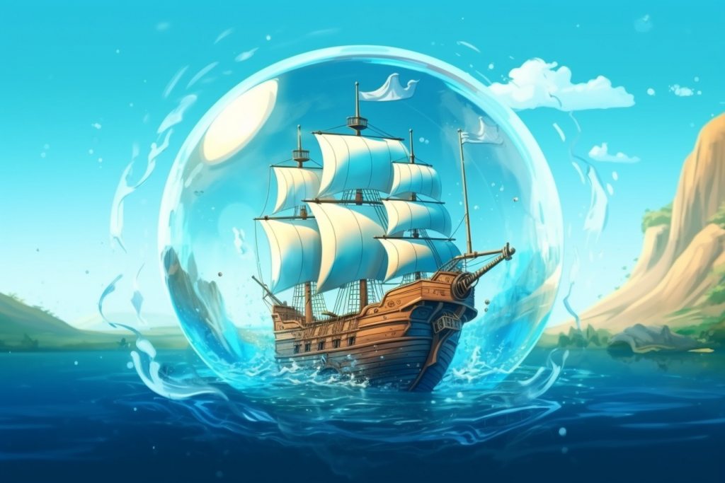 A cartoon sailing ship in a bubble on the sea.