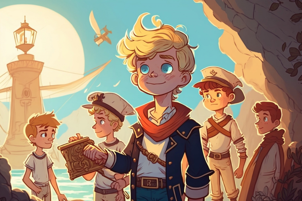 A cartoon young blonde boy Liam and his sailing crew.