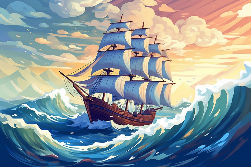 Strong waves surrounding a sailing ship.