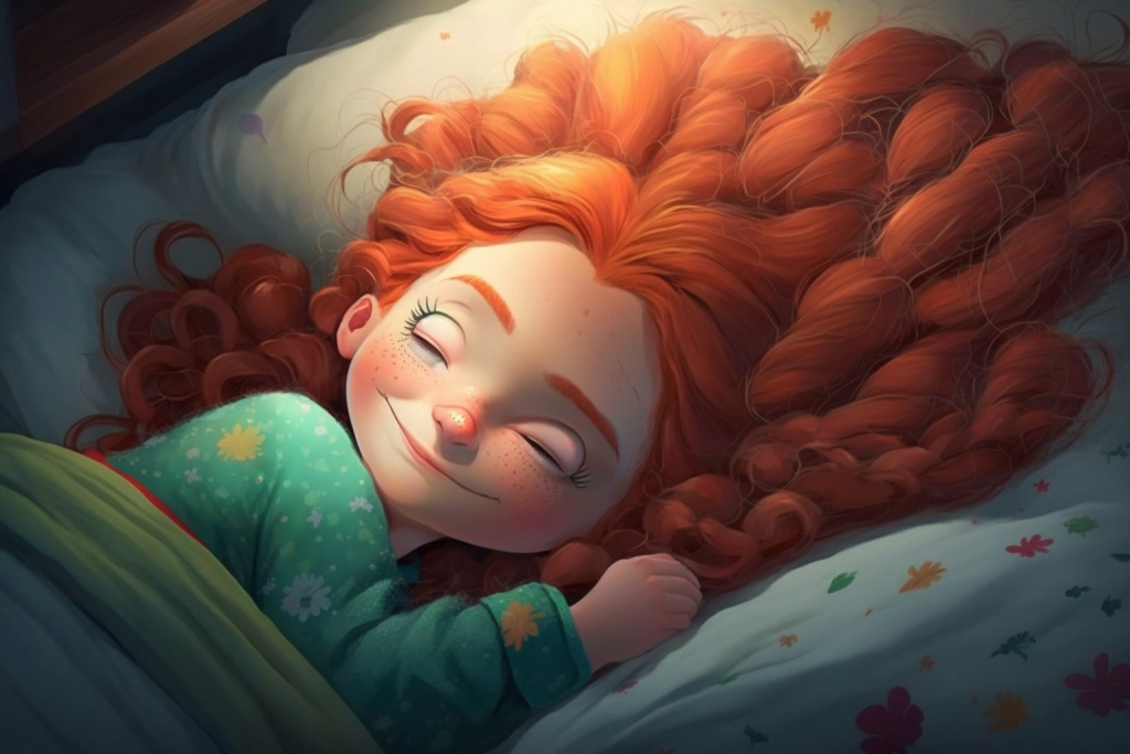 A cartoon sleeping young girl Wendy with red hair in her bed.