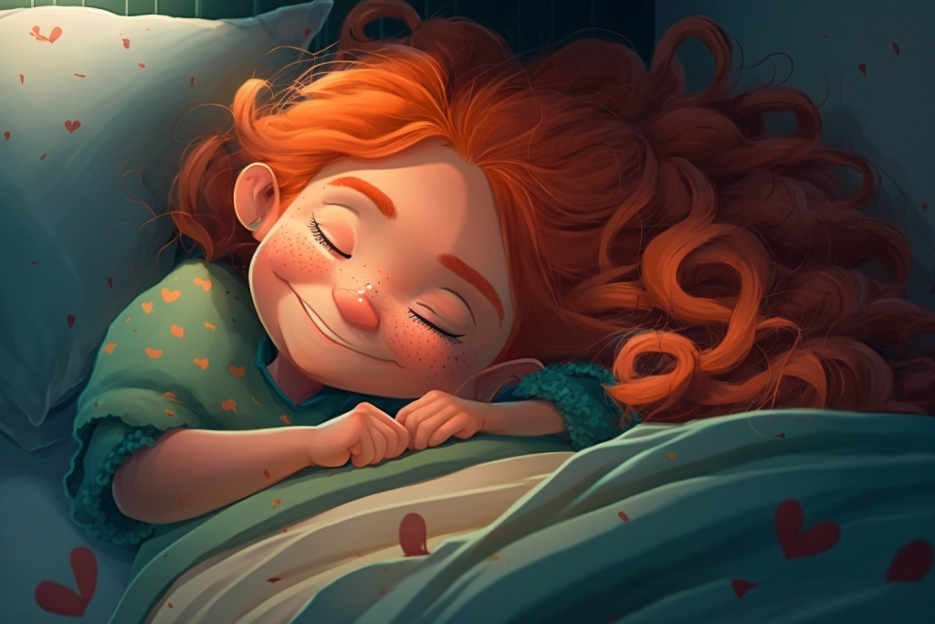 A sleeping cartoon young girl Wendy with red hair.