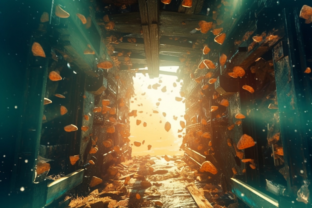 Sparkling explosion in a ship's corridor.