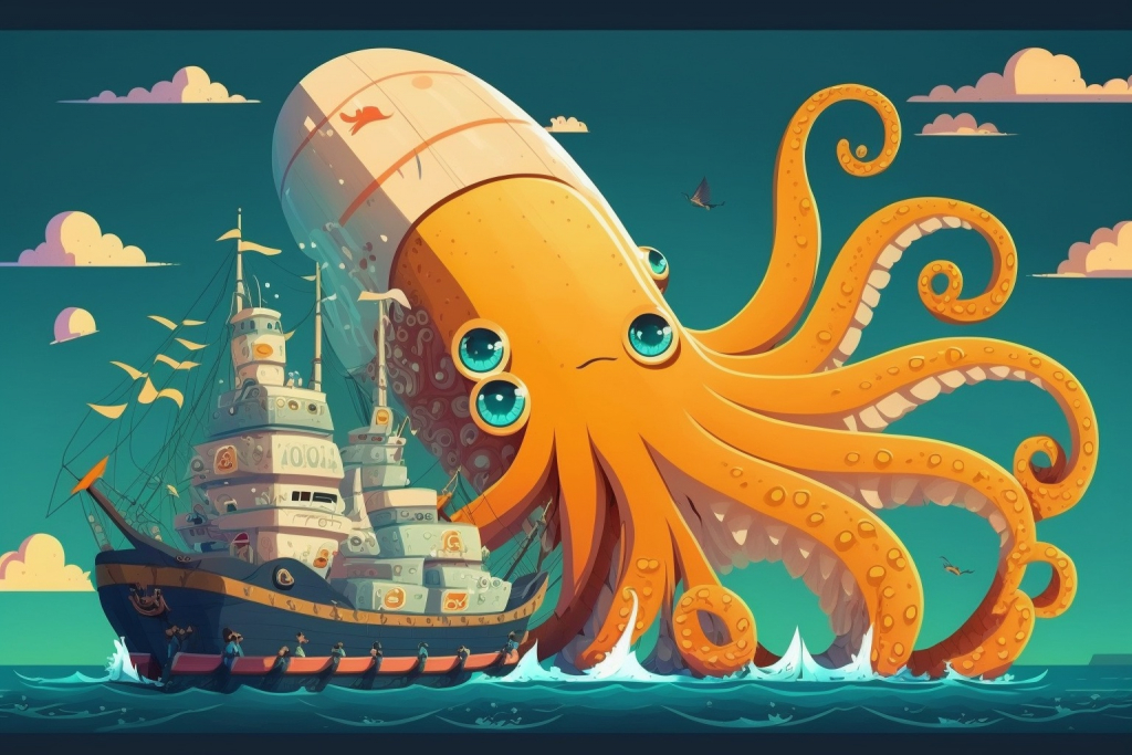A giant squid attacking a ship on the sea.