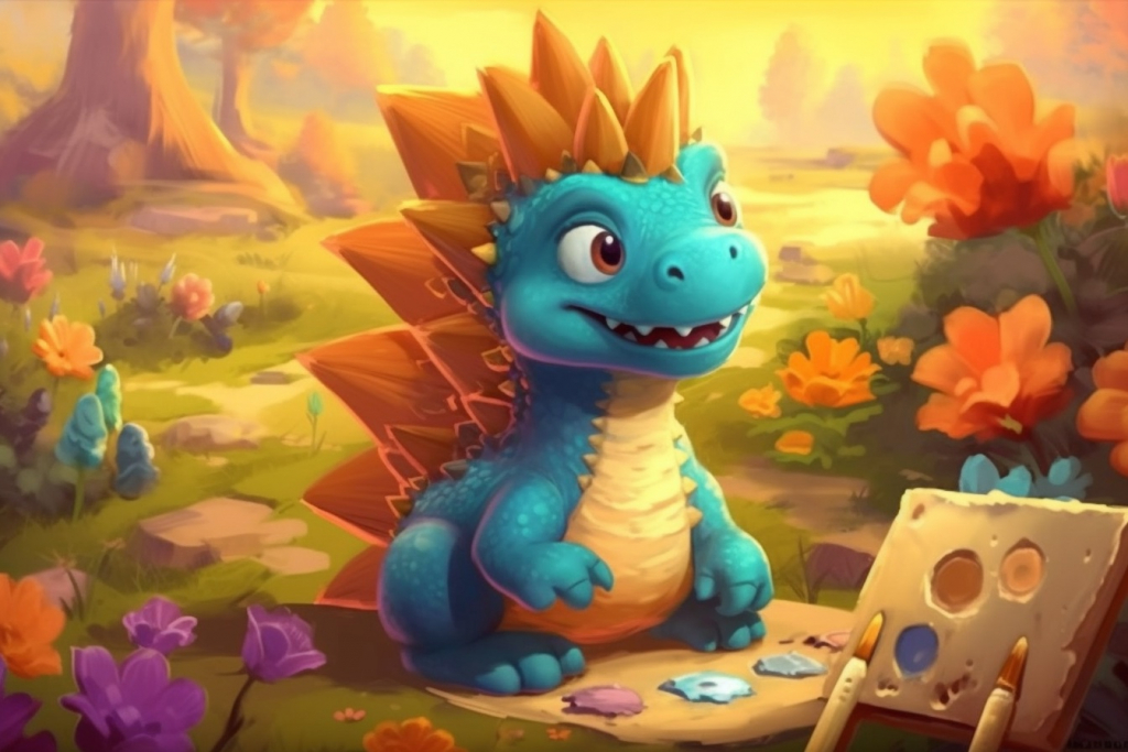 A cute cartoon blue stegosaurus with orange spikes, Stevie, painting outside.