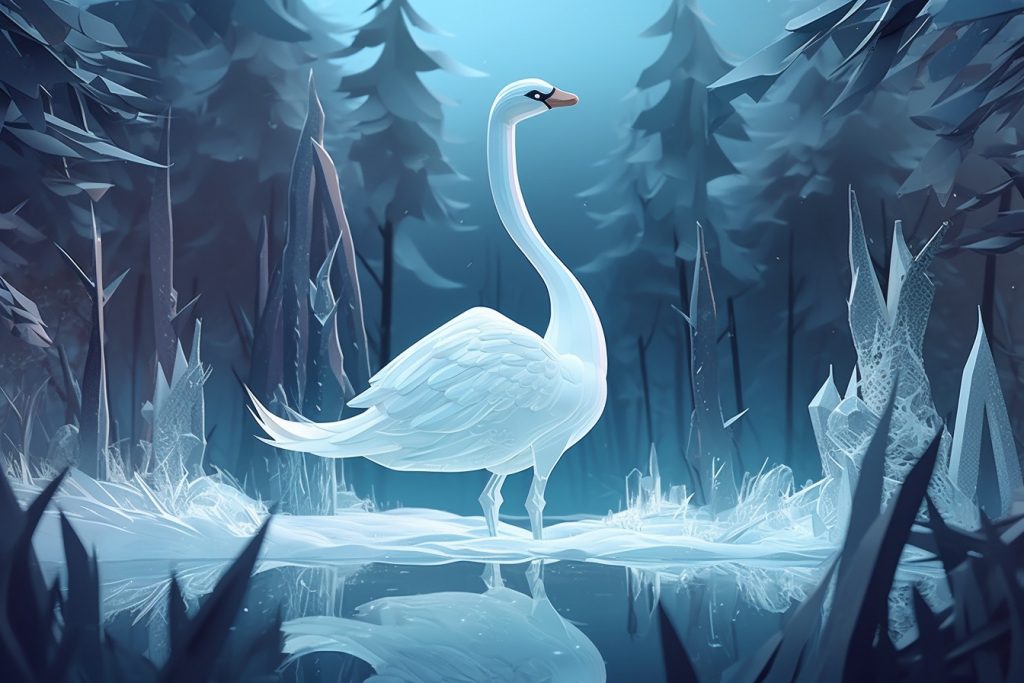 A swan ice sculpture in a forest.