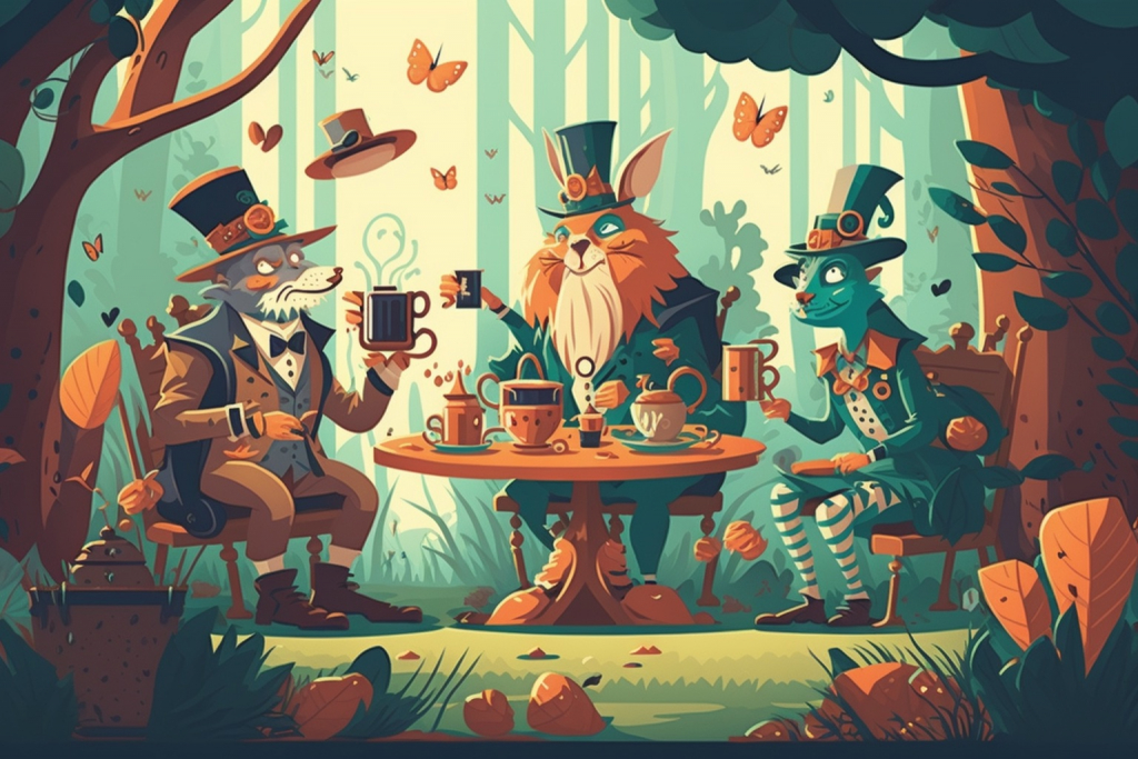 Tea party in a forest with characters from Alice in the Wonderland.