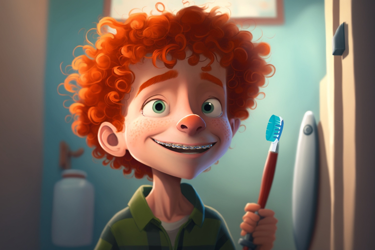 Cartoon young boy Timmy with curly red hair and braces brushing his teeth.