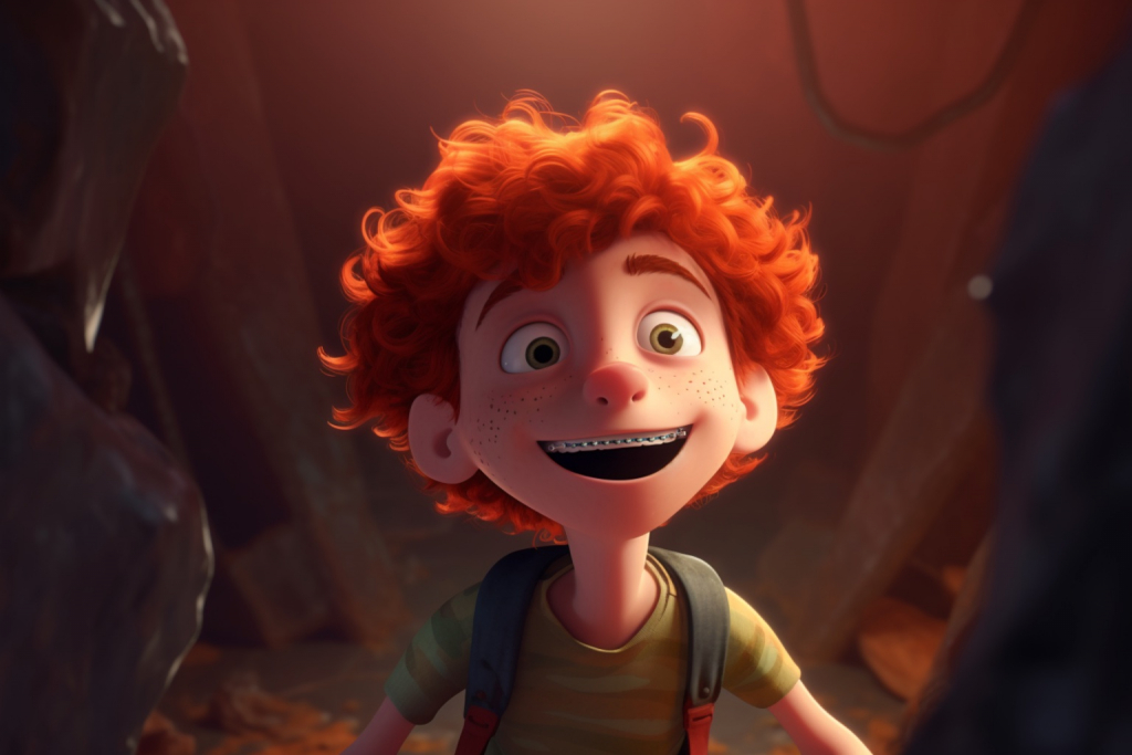 Cartoon young boy Timmy with curly red hair and braces surprised in dark lair.