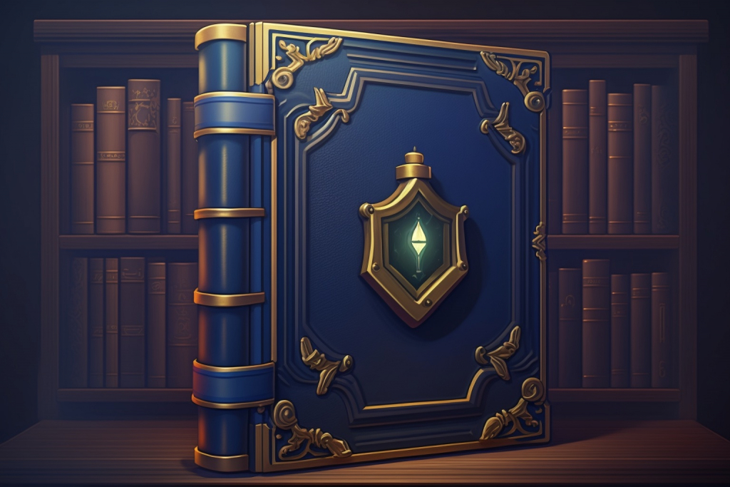 A thick blue book with golden details called the Tome of Everlore.
