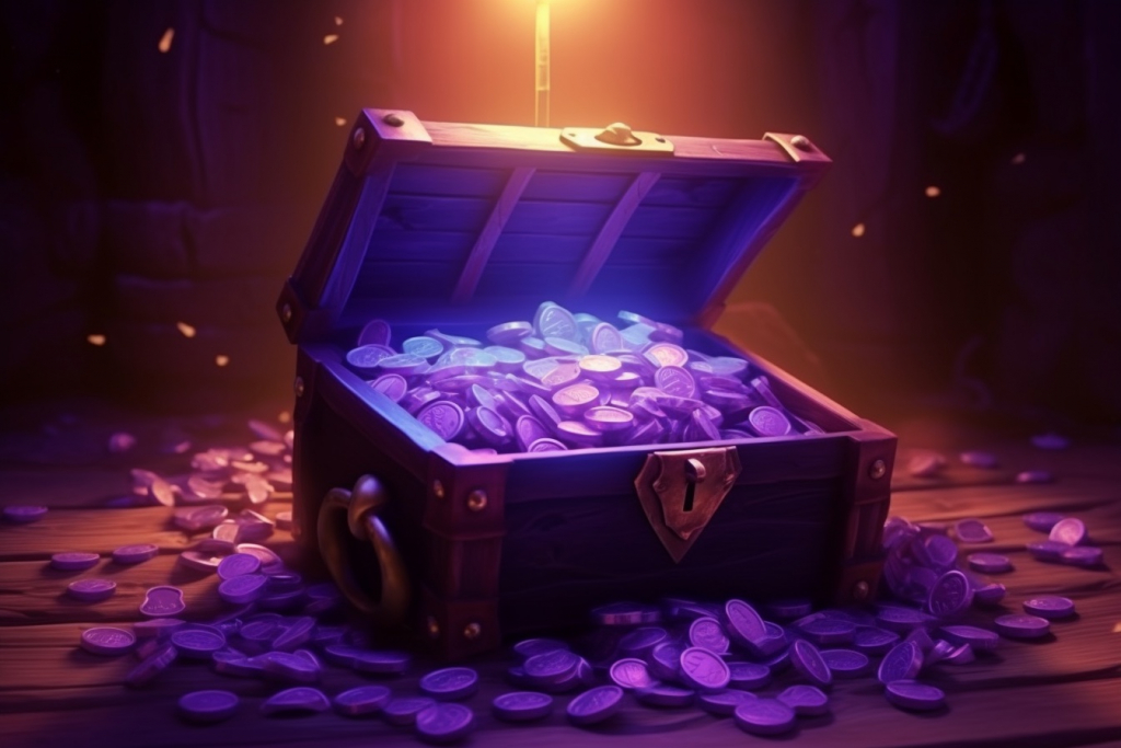 A treasure chest filled with purple buttons.