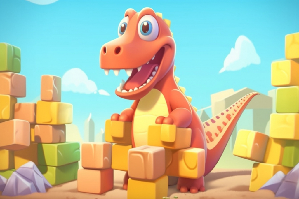 Cute cartoon orange T-Rex Tyrone building a tower from blocks.
