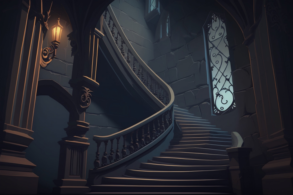 A dark twisted staircase in a castle.