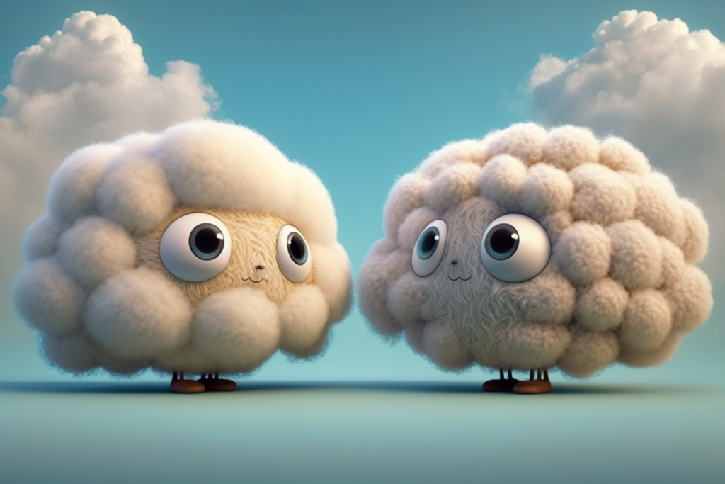 Two white fluffy clouds talking to each other.