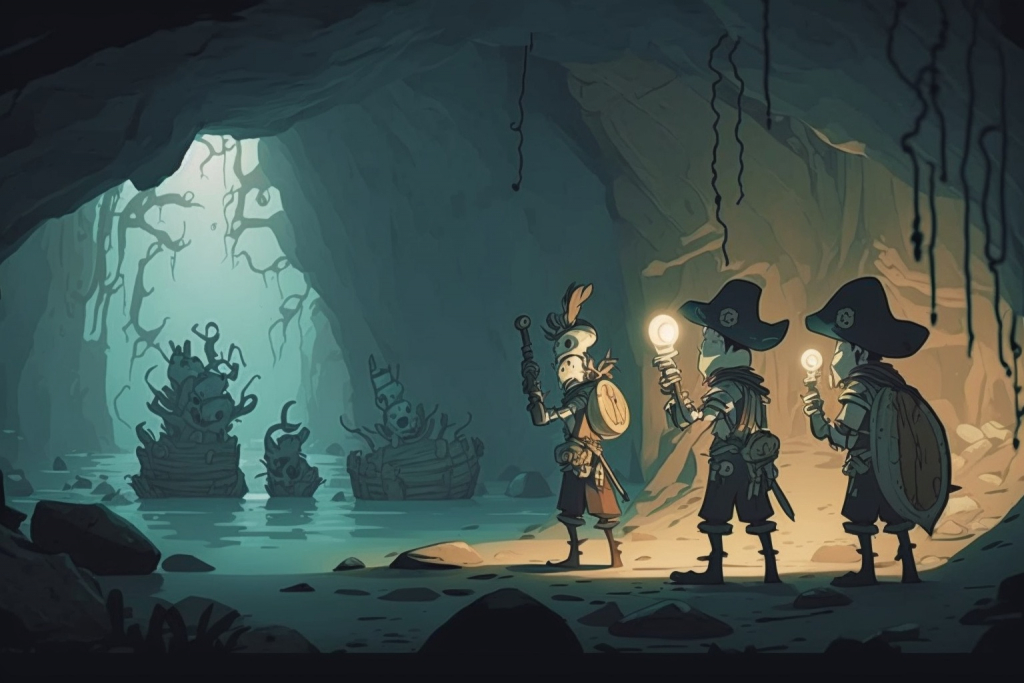 Ghost pirates in an underwater cavern.