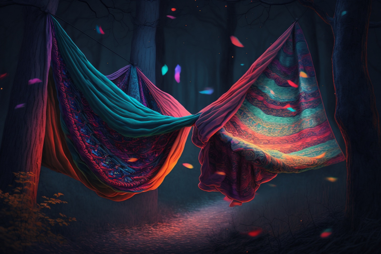Two colorful enchanted tapestries uniting in the air into one.