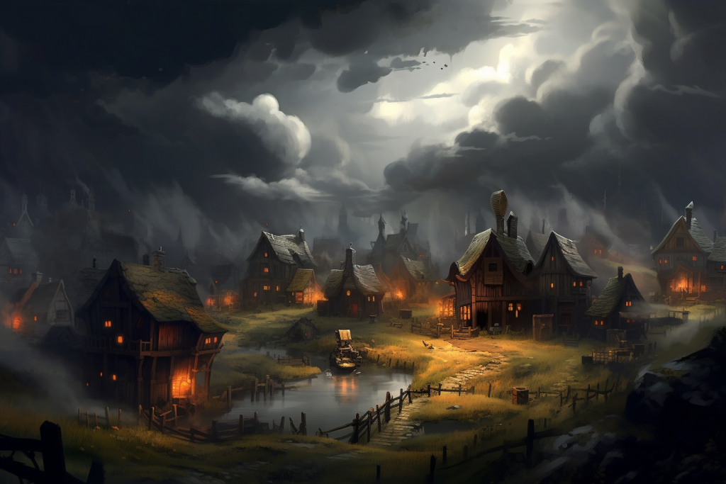 Dark clouds above a village.