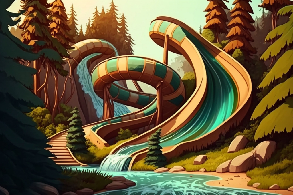 A big water slide in forest.