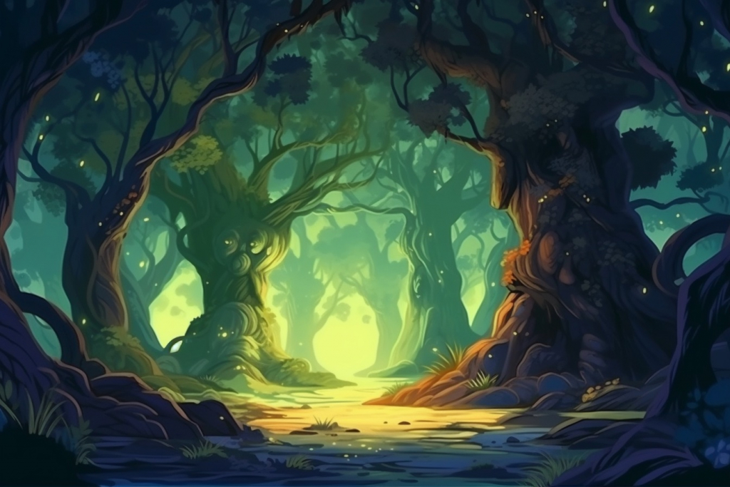 Whispering old cartoon trees in a forest.
