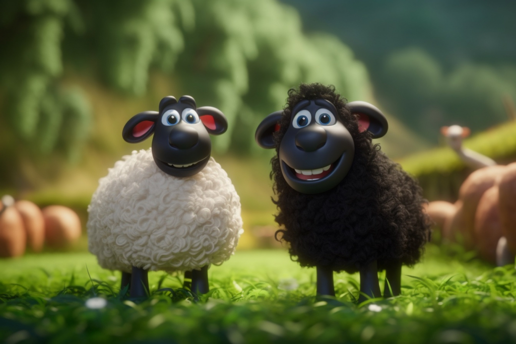 Happy white and black sheep in a meadow.