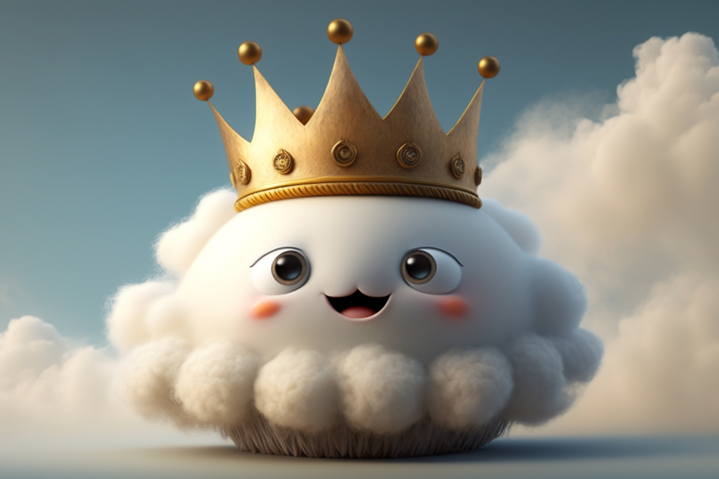 Cartoon fluffy white cloud Puff with a small crown.