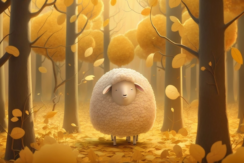 White sheep in a golden forest.