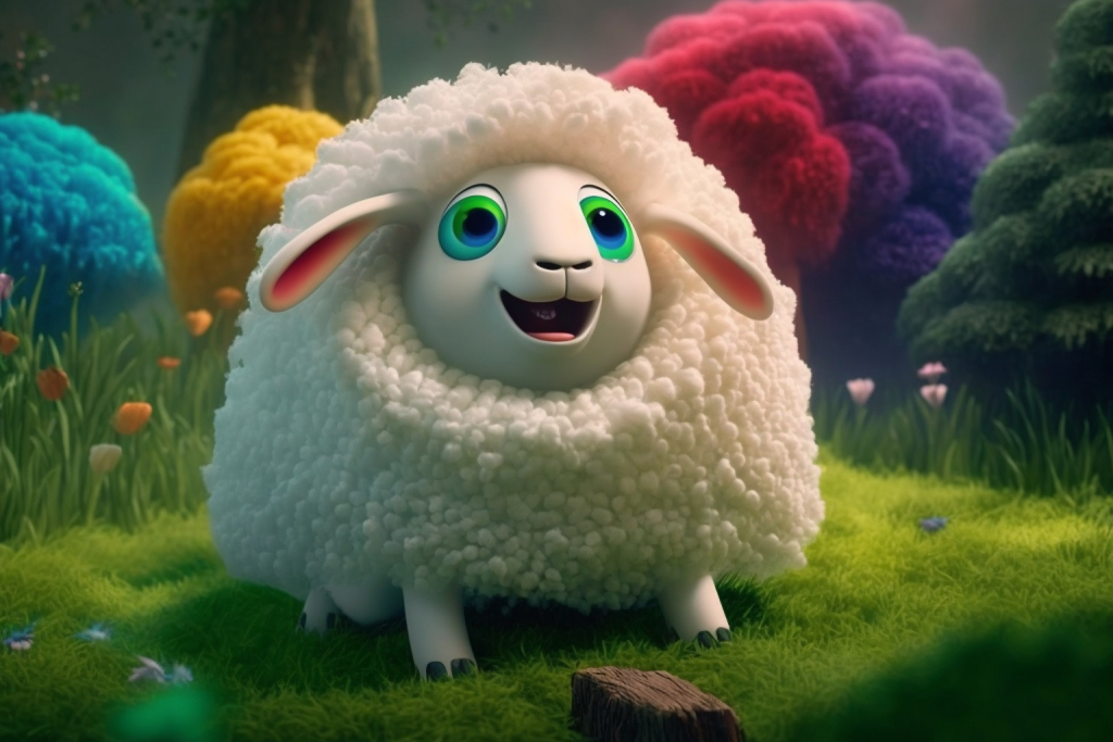 A cute white sheep with rainbow fluffy clouds.