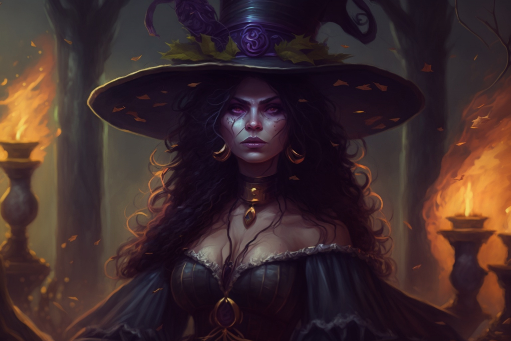 A dark wicked sorceress Malevola with dark hair and big wizarding hat.