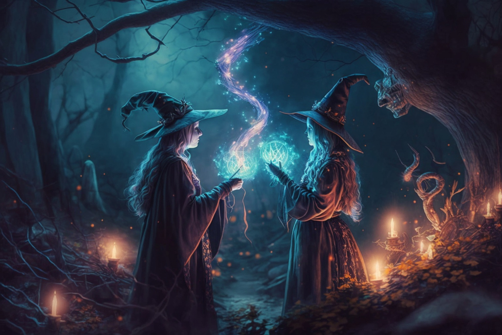 Two witches doing magical spells in a forest.