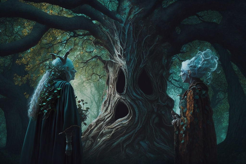 Two old witches standing in front of an old magical tree.