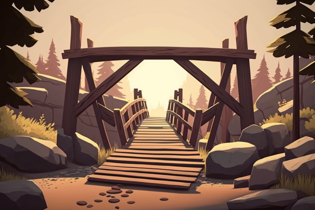 A rickety wooden bridge.