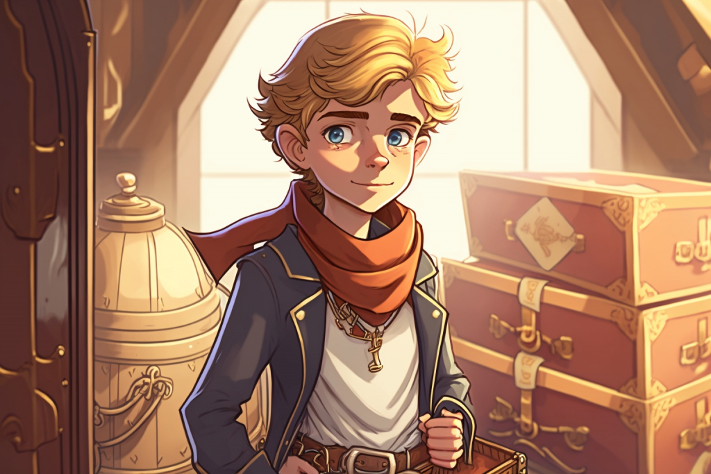 A cartoon young blonde boy Liam with pirate treasure loaded on a ship.