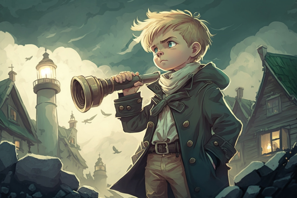 A sad young blonde boy Liam looking through his spyglass in a gloomy village.