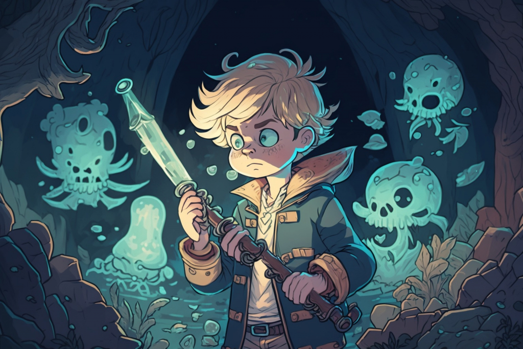 A cartoon young blonde boy Liam in an underwater cavern surrounded by ghost pirates.