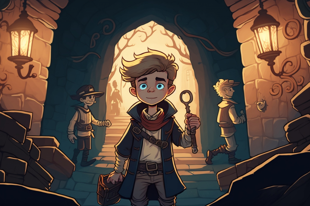 A cartoon young blonde boy Liam and his crew in an underground labyrinth.