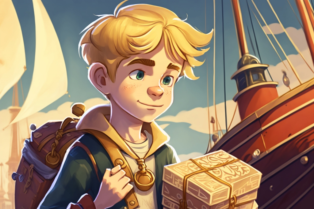 A cartoon young blonde boy Liam boarding a ship with ancient maps.