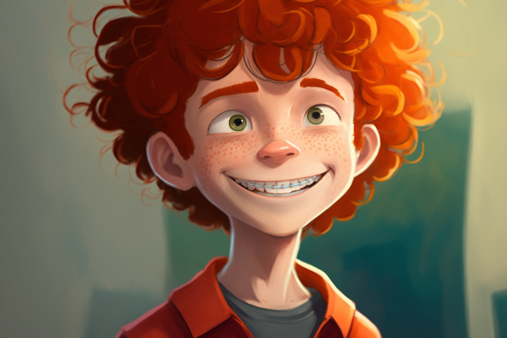 Cartoon young boy Timmy with curly red hair and braces.