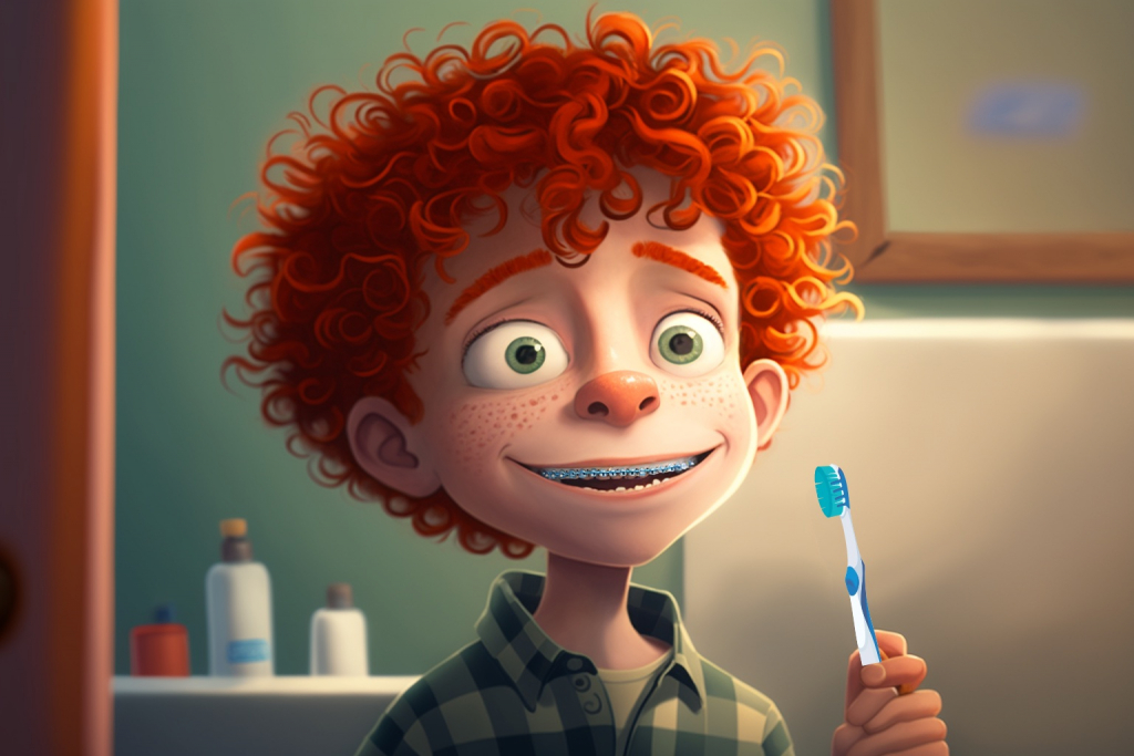 Cartoon young boy Timmy with curly red hair and braces brushing his teeth.