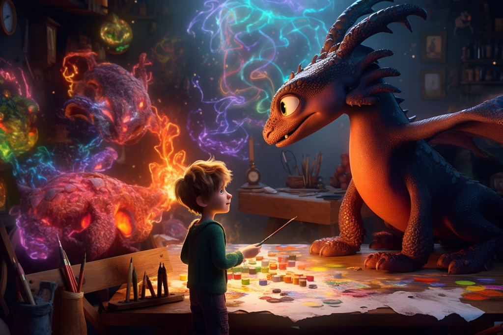 A young boy drawing a colorful dragon with a live dragon beside him.