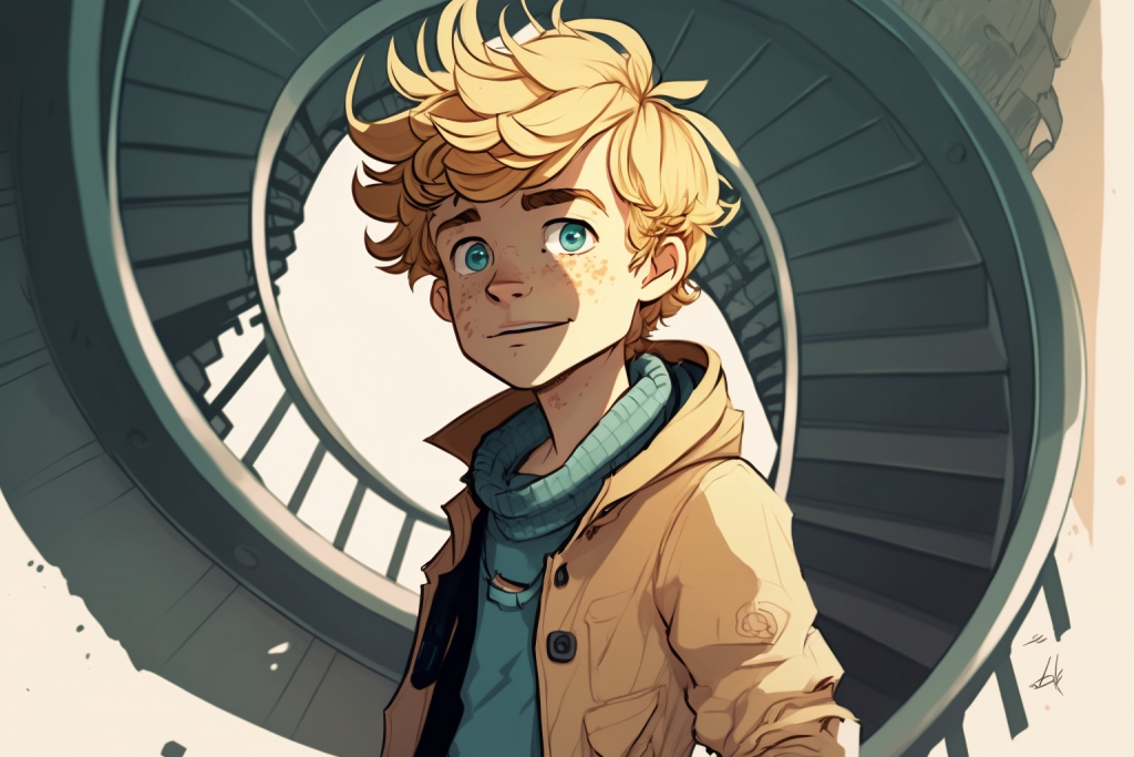A cartoon young blonde boy Liam in a spiral staircase of a lighthouse.