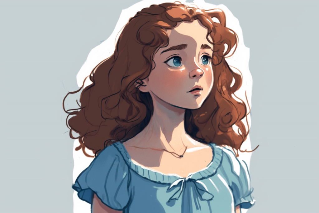 A young cartoon girl Elara with brown wavy hair, big blue eyes and a blue simple dress.