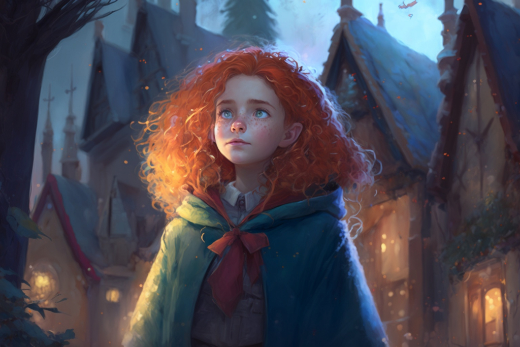 A young cartoon girl Freya with curly red hair in a village.