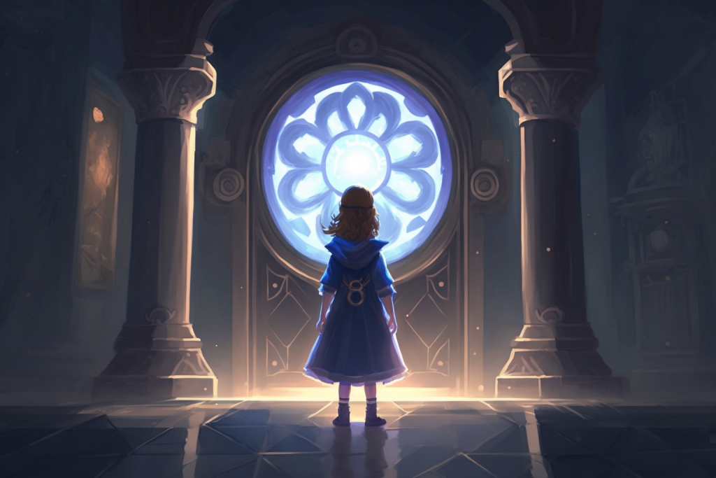 A young girl Elara in a castle creating a glowing light in front of her.