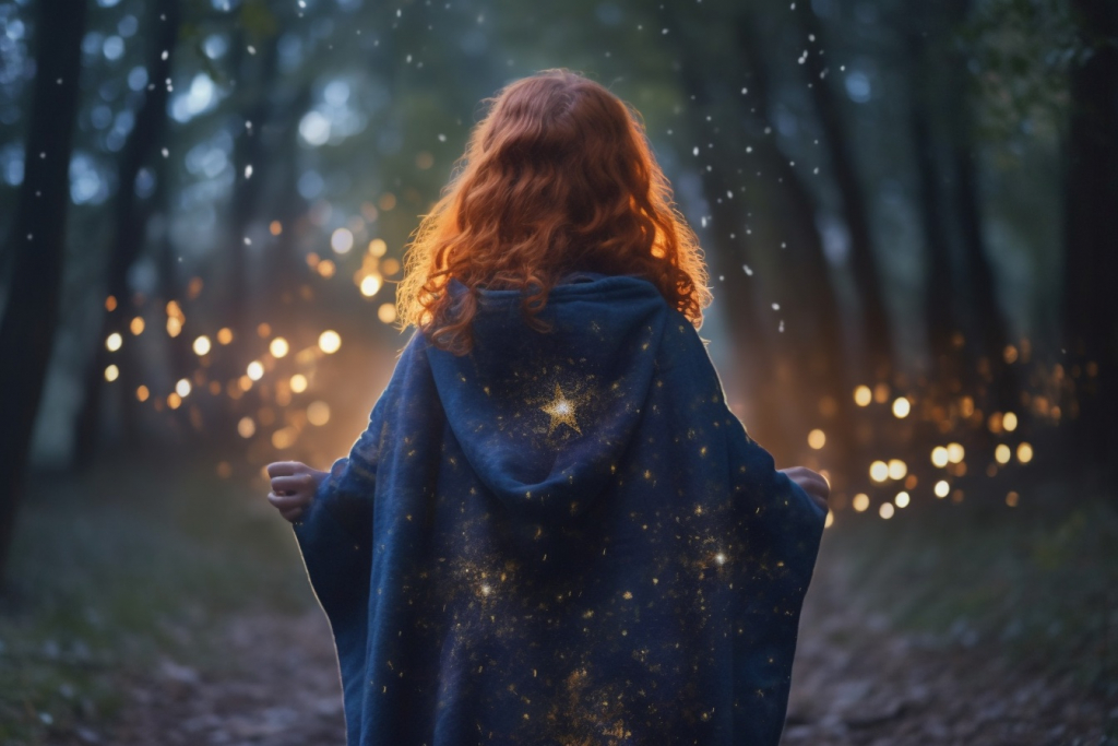 A young girl with red curly hair and blue cloak doing magic in a forest.