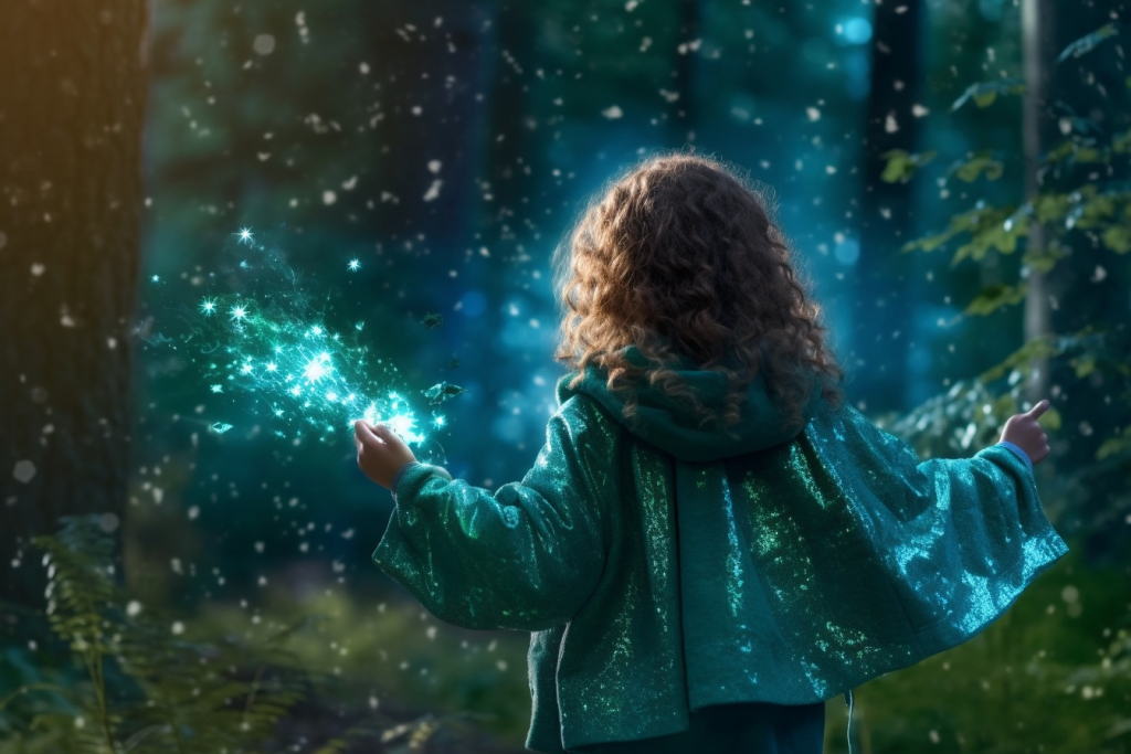 A young girl doing magical glowing spells in a forest.