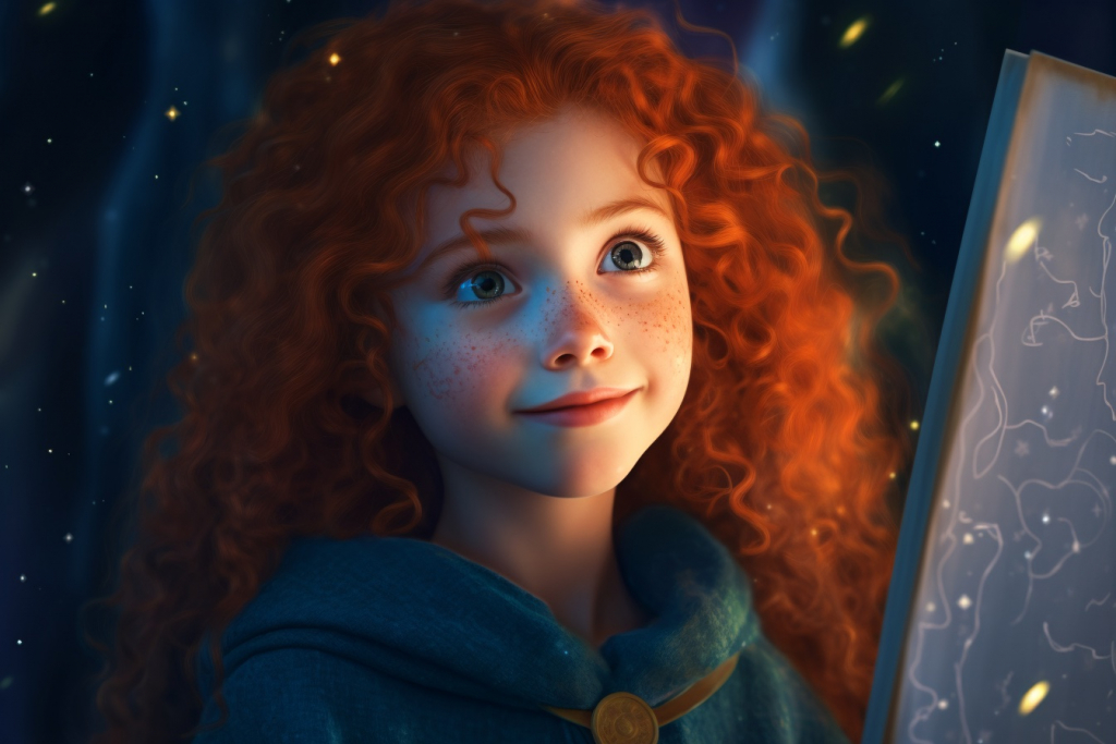 A young girl with red curly hair Freya in a beautiful cloak.