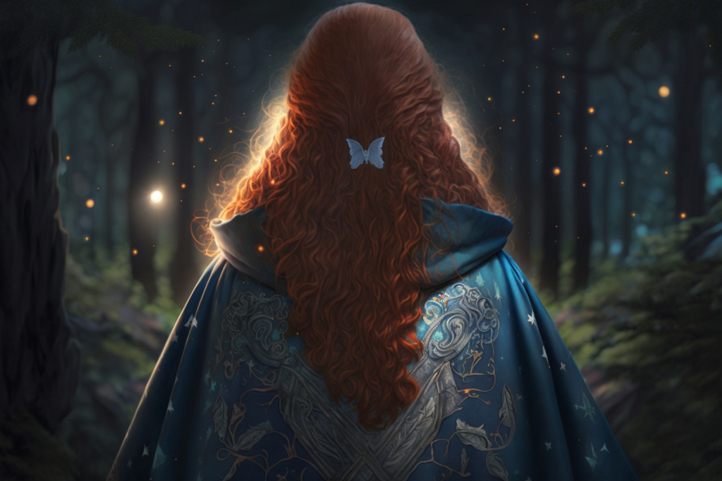 The back of a young girl with curly red hair doing magic in the forest.