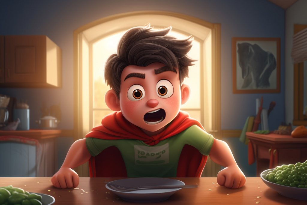 Cartoon angry young boy with empy plate on the table.