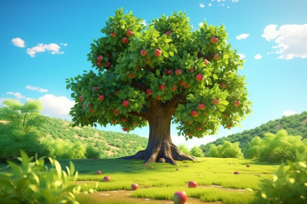 Cartoon apple tree in the meadow.
