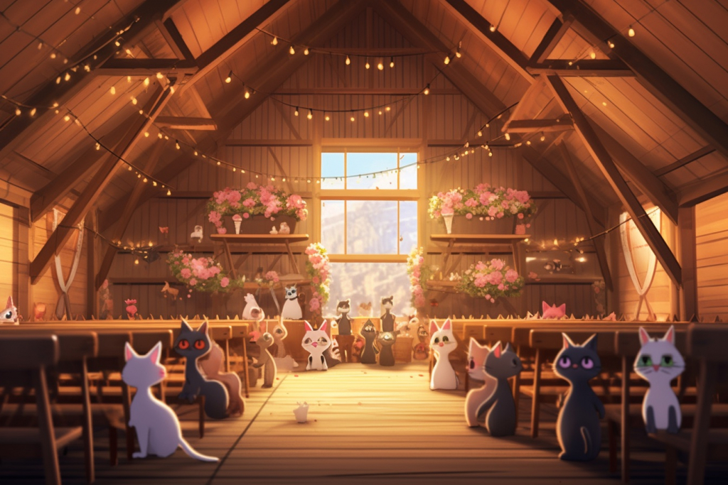 Cartoon cat wedding in the barn.